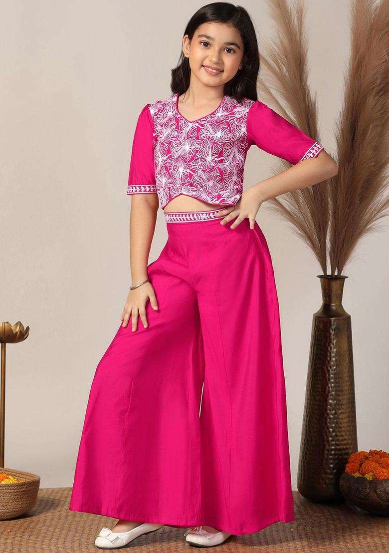 Pink Embroidered Silk Kurta Set For Girls - Indya