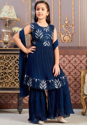 Blue Embroidered Georgette Kurta Set For Girls
