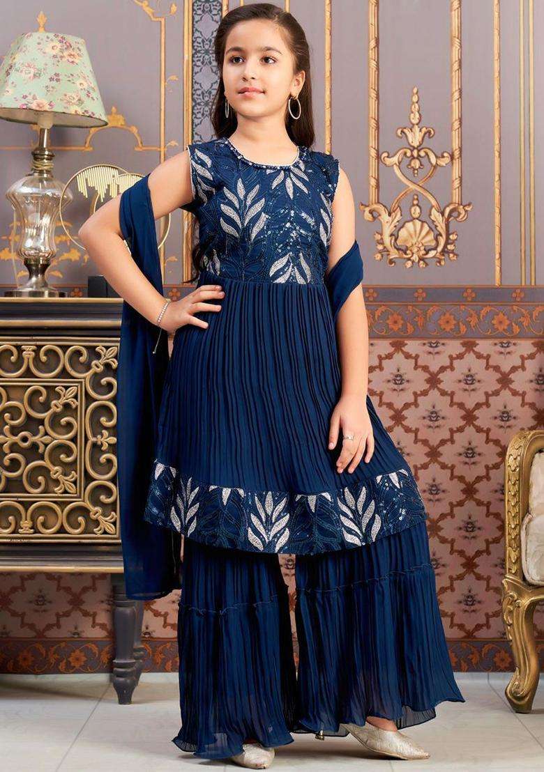 Blue Embroidered Georgette Kurta Set For Girls - Indya