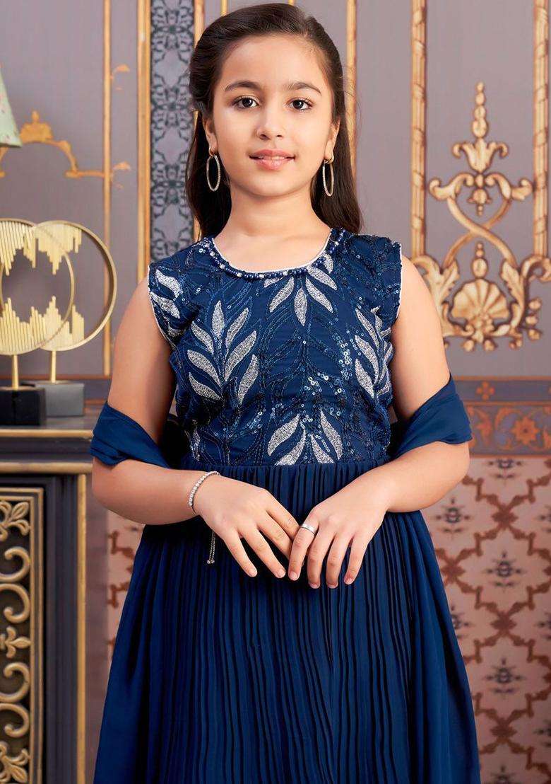 Blue Embroidered Georgette Kurta Set For Girls - Indya