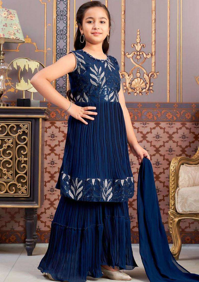 Blue Embroidered Georgette Kurta Set For Girls - Indya