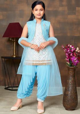 White Embroidered Silk Kurta Set For Girls