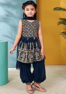 Turquoise Blue Embroidered Georgette Kurta Set For Girls