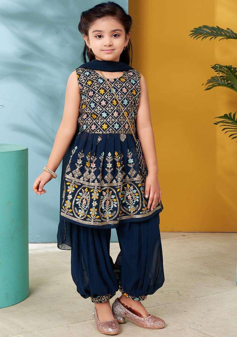 Turquoise Blue Embroidered Georgette Kurta Set For Girls - Indya