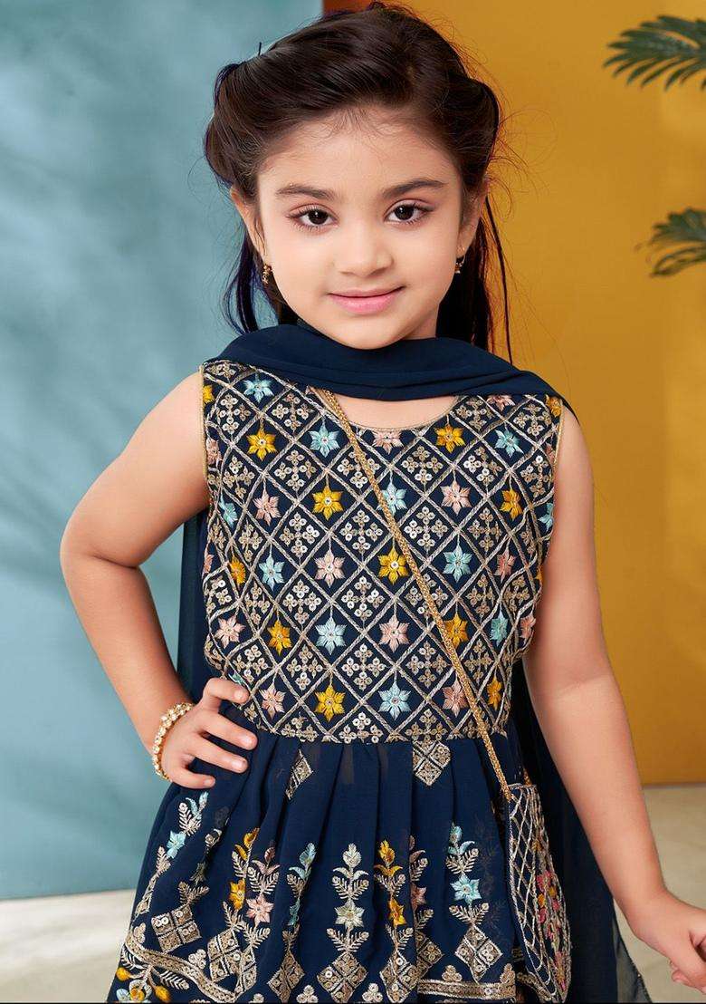 Turquoise Blue Embroidered Georgette Kurta Set For Girls - Indya