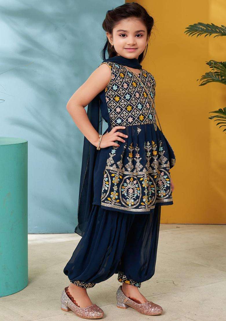 Turquoise Blue Embroidered Georgette Kurta Set For Girls - Indya