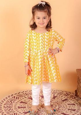 Orange Embroidered Cotton Kurta Set For Girls