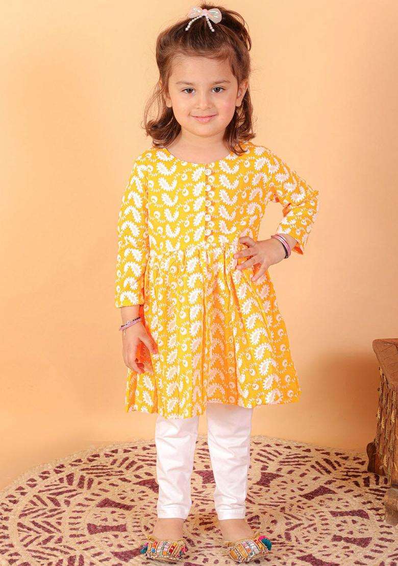 Orange Embroidered Cotton Kurta Set For Girls - Indya
