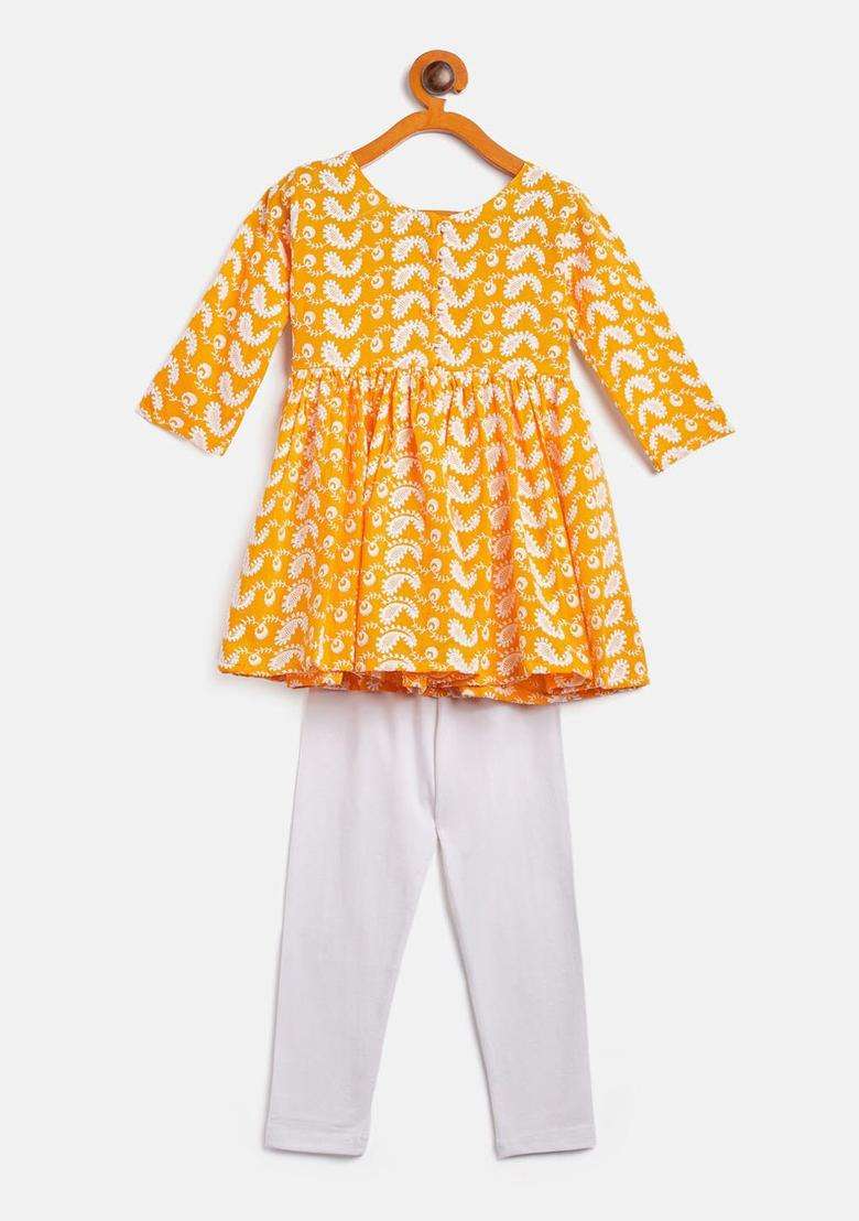 Orange Embroidered Cotton Kurta Set For Girls - Indya