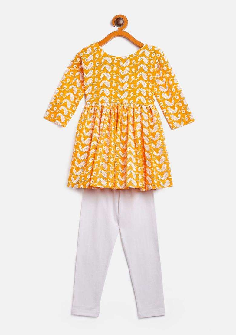 Orange Embroidered Cotton Kurta Set For Girls - Indya