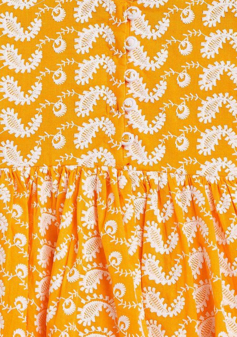 Orange Embroidered Cotton Kurta Set For Girls - Indya