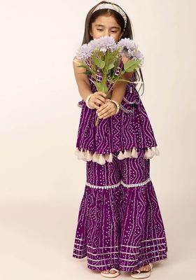 Purple Printed Polyester Kurta Set For Girls