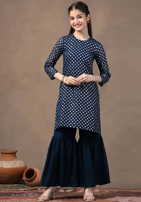 Teal Printed Georgette Kurta Set For Girls — view on Indya