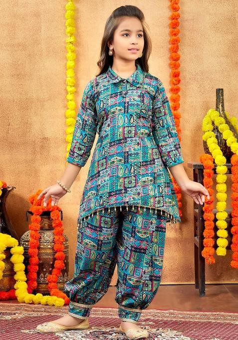 Sea Green Cotton Kurta Set For Girls — view on Indya