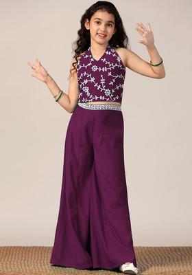 Purple Embroidered Silk Kurta Set For Girls