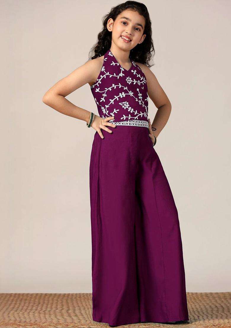Purple Embroidered Silk Kurta Set For Girls - Indya
