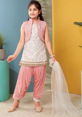 White Embroidered Silk Kurta Set For Girls
