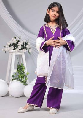 Purple Embroidered Silk Kurta Set For Girls