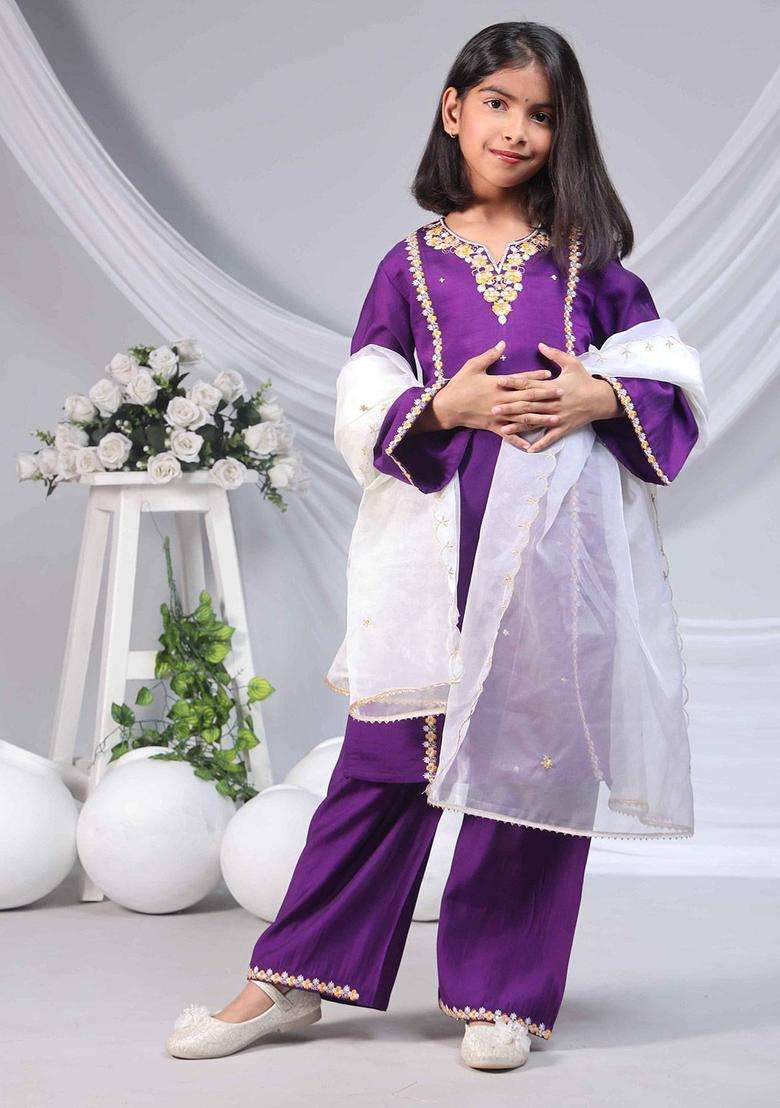Purple Embroidered Silk Kurta Set For Girls - Indya