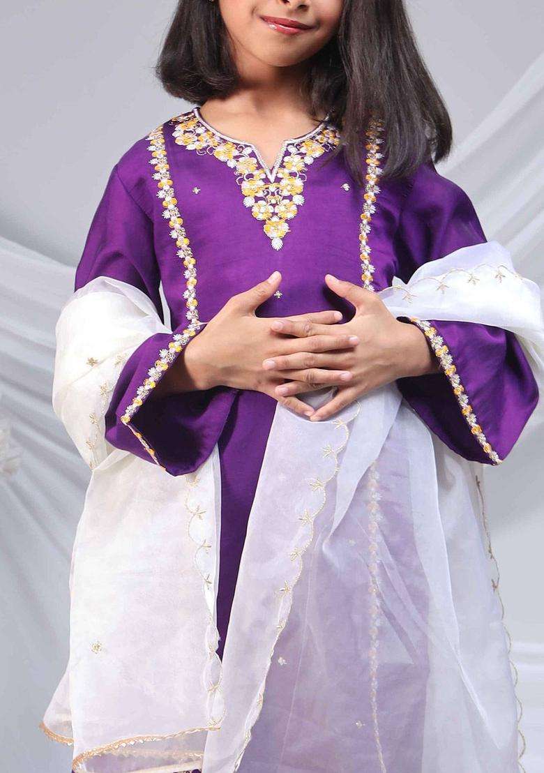 Purple Embroidered Silk Kurta Set For Girls - Indya