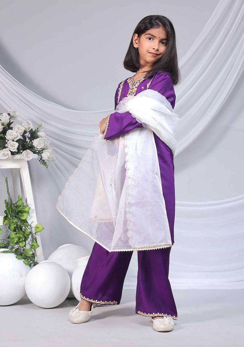 Purple Embroidered Silk Kurta Set For Girls - Indya