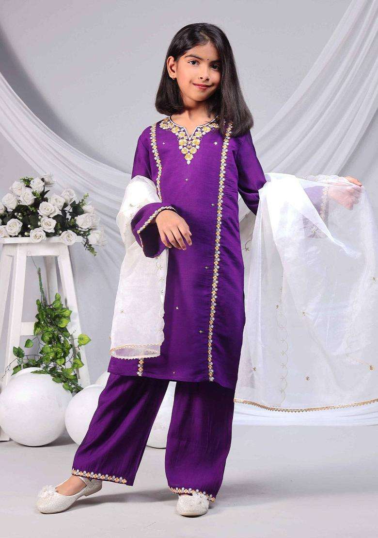 Purple Embroidered Silk Kurta Set For Girls - Indya