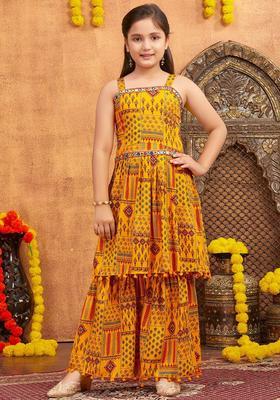 Yellow Printed Polyester Kurta Set For Girls