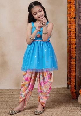 Blue Embroidered Net Kurta Set For Girls