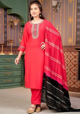 Red Embroidered Silk Kurta Set For Girls