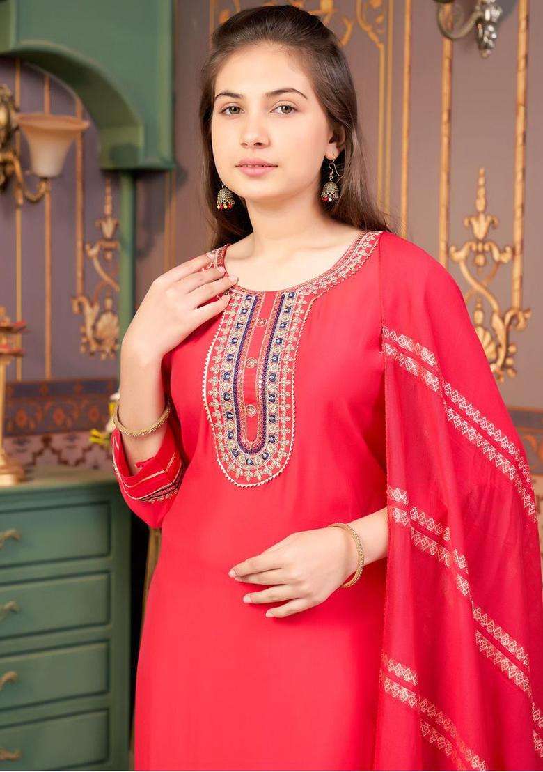 Red Embroidered Silk Kurta Set For Girls - Indya