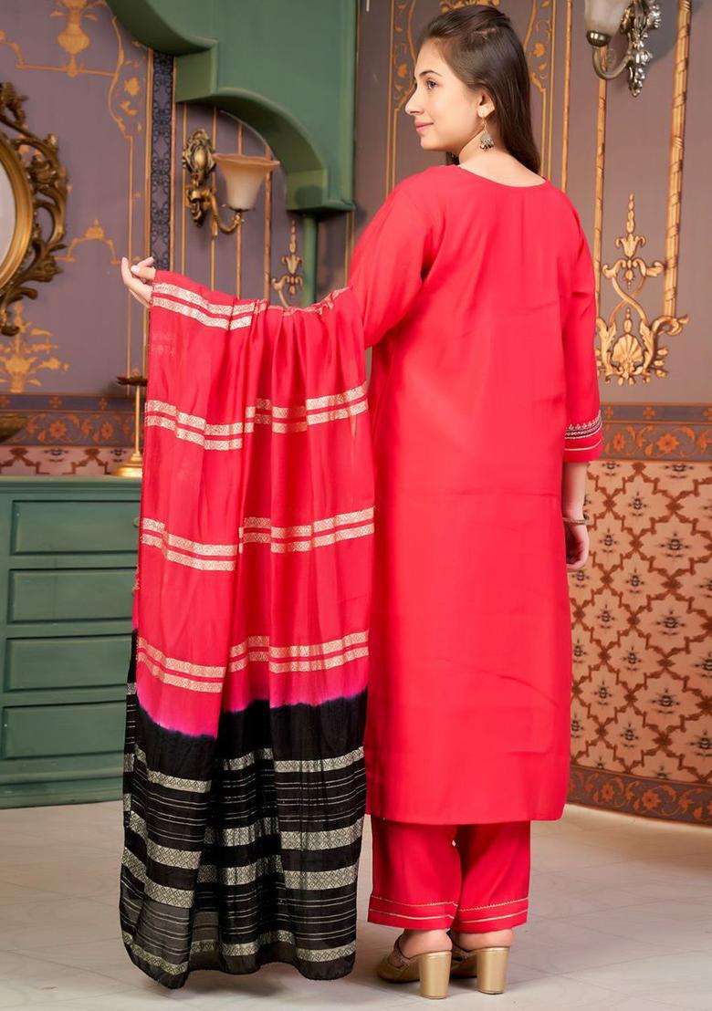 Red Embroidered Silk Kurta Set For Girls - Indya