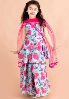 Blue Printed Polyester Kurta Set For Girls