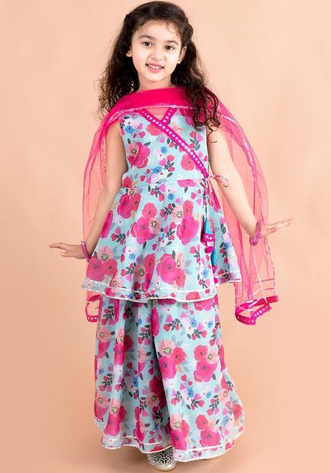 Blue Printed Polyester Kurta Set For Girls — view on Indya