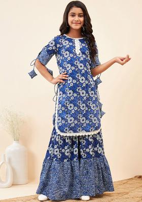 Navy Blue Printed Cotton Kurta Set For Girls