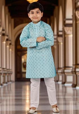 Turquoise Blue Printed Cotton Kurta Set For Girls