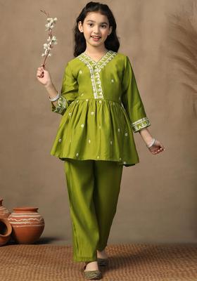 Green Embroidered Silk Kurta Set For Girls