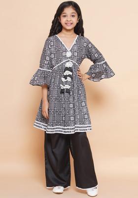 Black Printed Cotton Kurta Set For Girls