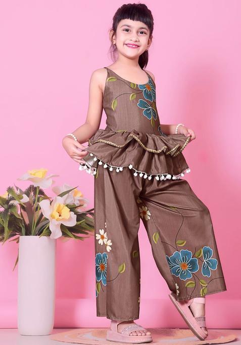 Brown Printed Viscose Kurta Set For Girls — view on Indya