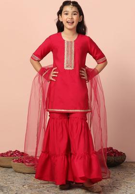 Pink Embroidered Silk Kurta Set For Girls