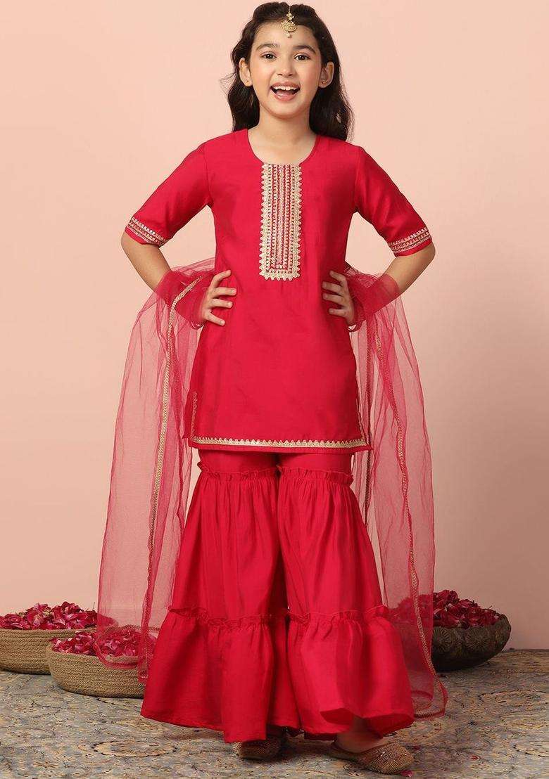 Pink Embroidered Silk Kurta Set For Girls - Indya
