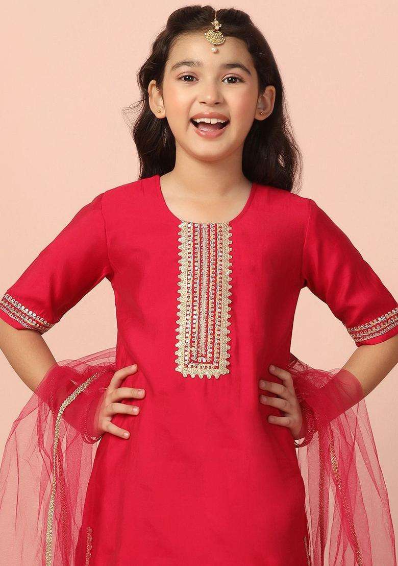 Pink Embroidered Silk Kurta Set For Girls - Indya