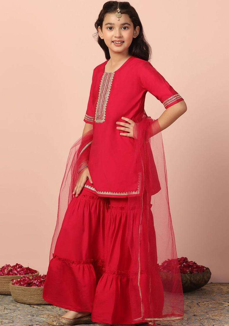 Pink Embroidered Silk Kurta Set For Girls - Indya