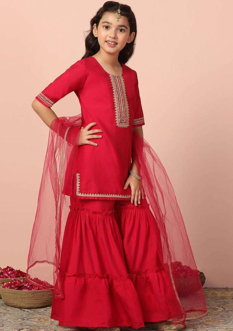 Pink Embroidered Silk Kurta Set For Girls - Indya