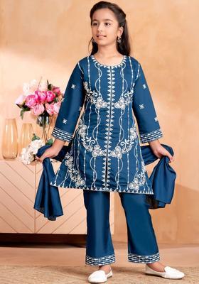 Turquoise Blue Embroidered Silk Kurta Set For Girls