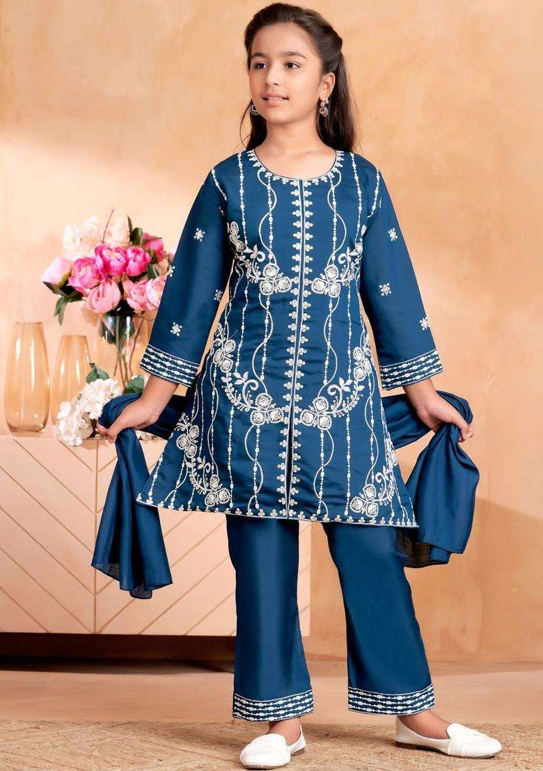 Turquoise Blue Embroidered Silk Kurta Set For Girls - Indya