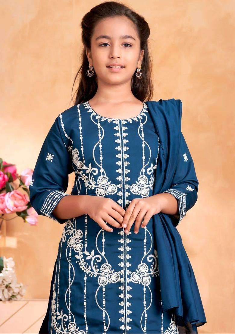 Turquoise Blue Embroidered Silk Kurta Set For Girls - Indya