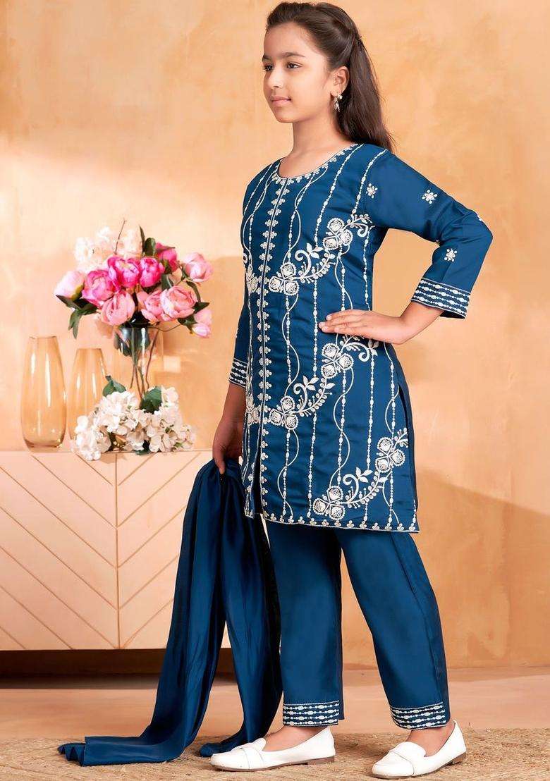 Turquoise Blue Embroidered Silk Kurta Set For Girls - Indya