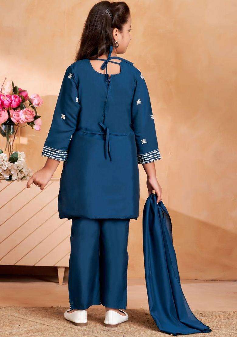 Turquoise Blue Embroidered Silk Kurta Set For Girls - Indya