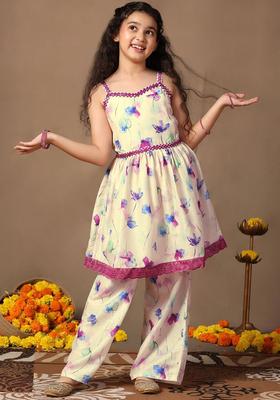 Off White Printed Cotton Kurta Set For Girls