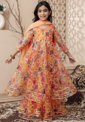 Orange Embroidered Organza Kurta Set For Girls